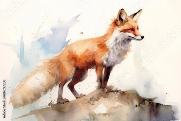 Fototapeta Watercolor painting of a red fox on a white background. Digital painting, generative Ai