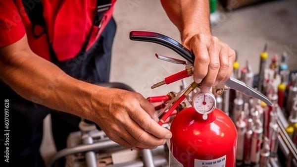 Fototapeta Engineer checking pressure of fire extinguisher  Generative AI