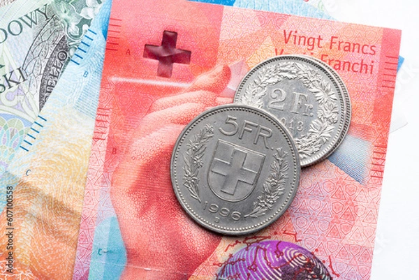 Obraz swiss francs currency coins and banknotes close-up