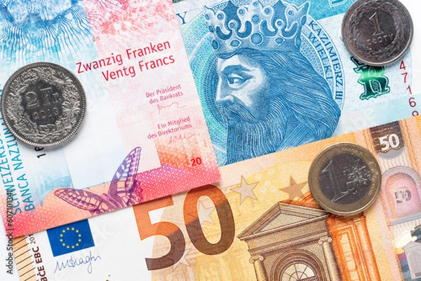 Obraz polish zloty, swiss francs and euro currency coins and banknotes