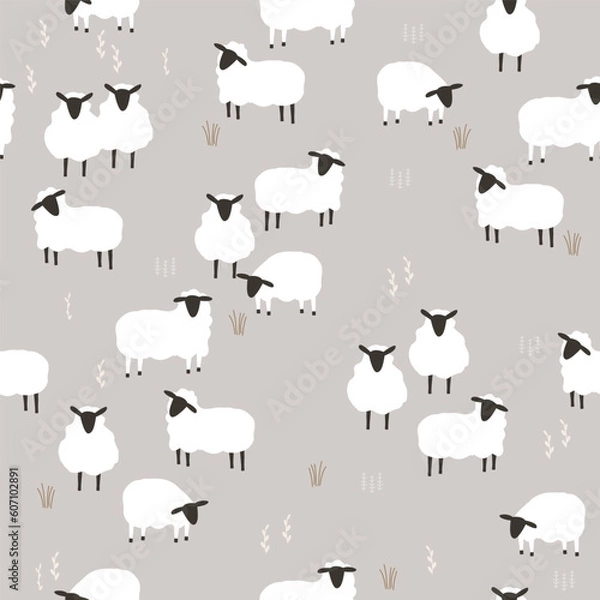 Fototapeta Seamless pattern with white sheeps. Cute farm print. Vector hand drawn illustration.