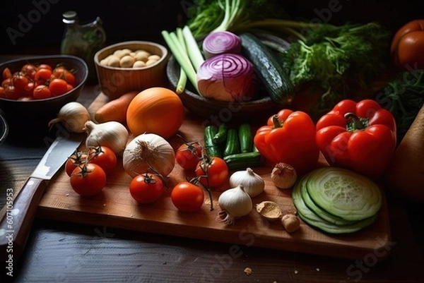 Obraz cutting vegetables on a cutting board table stuff food photography