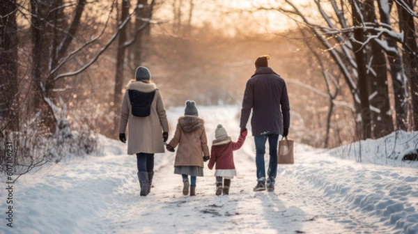 Fototapeta family walking on the snow Generative ai