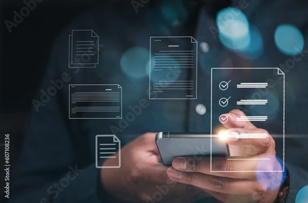 Fototapeta technology, checklist, contract, working, business, management, document, approval, inspections, checkmark. on hand hold smartphone and checklist document. checked mark approval to management inspect.