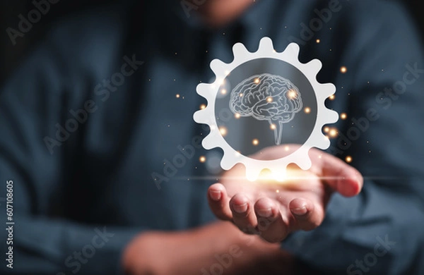 Fototapeta gear, cog, brain, idea, strategy, creativity, information, knowledge, imagination, creative. on hand showing the gear or cog in that's has brain and creativity idea strategy. information knowledge.