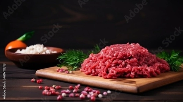 Fototapeta raw minced meat on a plate Generative AI