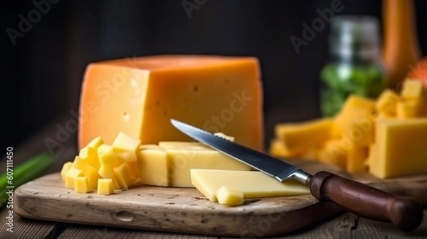 Obraz Gouda cheese with cutting board on wooden kitchen table Generative AI