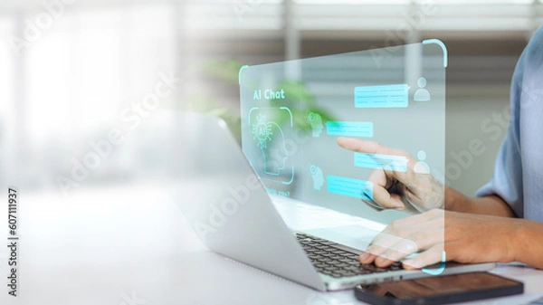 Obraz Business man using digital chatbot application Artificial Intelligence (AI) at home for online customer service. AI Chat Technology for Seamless Communication and Customer Engagement.