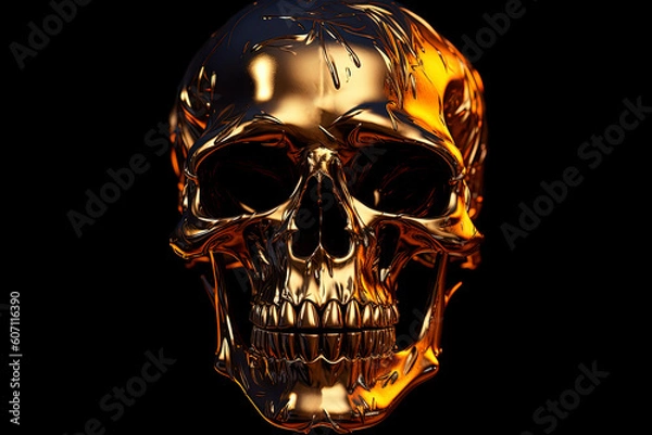 Fototapeta A black and gold skull on a black background. Generative AI