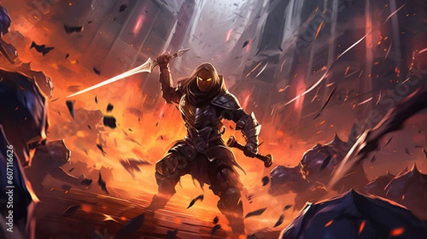 Fototapeta game characters. Action scene with soldiers in armor at war against invading monsters and aliens, science fiction. epic battle. High tech. AI generated image.