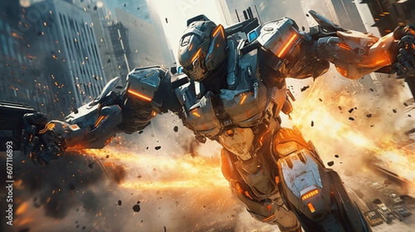 Fototapeta game characters. Action scene with soldiers in armor at war against invading monsters and aliens, science fiction. epic battle. High tech. AI generated image.