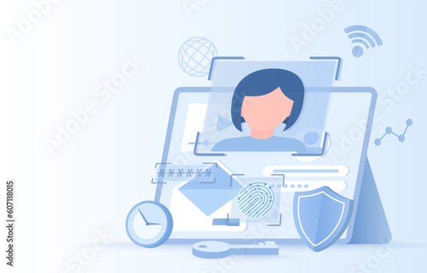 Fototapeta Safety, security, and protection concept. Protect sensitive data, passwords, financial details, personal data. Flat vector illustration with copy space.