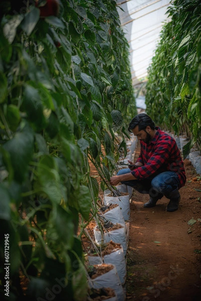 Fototapeta Portrait of Asian farmer, smart farming, agriculture and organic farming using tablet, studying the development of bell peppers in a greenhouse farm.