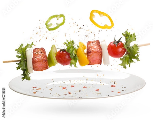 Obraz salmon with vegetables on a skewer