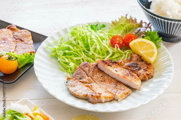 Fototapeta 夕食のポークステーキとご飯