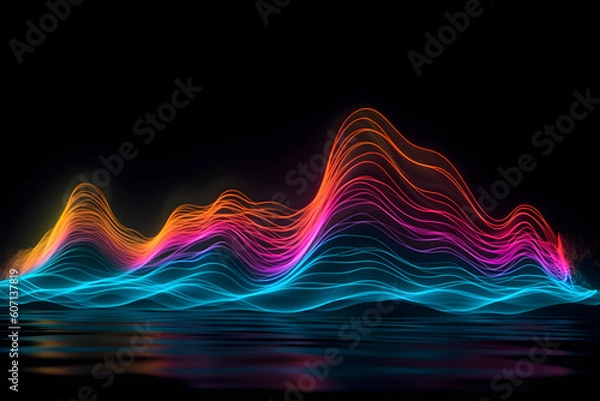 Fototapeta Vibrant Neon Wave: Accurate topography-style graphical motion on black. Soft color fields create a captivating colorscape. Immerse in a world of vibrant neon energy. 