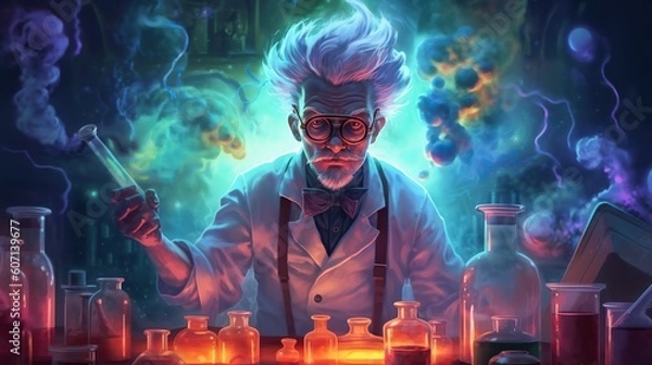 Fototapeta Mad scientist or crazy professor character in science lab. Generative AI
