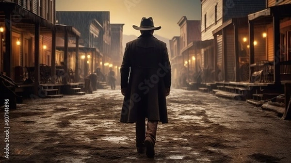Fototapeta Back view of cowboy, western movie scene in wild west town. Generative AI