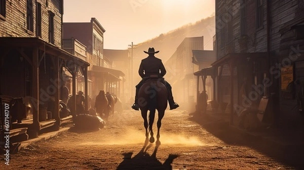 Fototapeta Back view of cowboy riding on a horse, western movie scene in wild west town. Generative AI