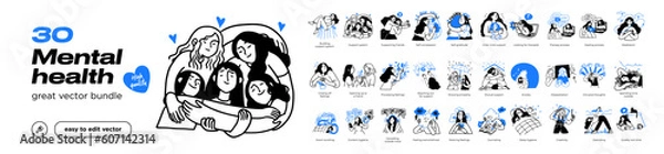 Fototapeta Mental health and psychology concept set. Different mental health problems, psychological disorders, treatment techniques and approaches.