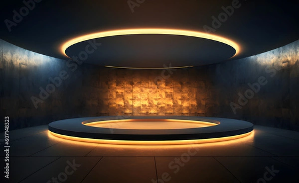 Obraz Spotlit Stage: Dark room illuminated by spotlights. Light navy and light gold hues create a captivating panorama. Contest-winning design with rounded elements, infused with mingei art. Dark bronze and
