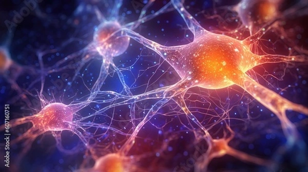 Obraz Active nerve cells. Neurology and brain activity concept. Neural network with electrical activity of neuron cells. Neuroscience. Generative AI.
