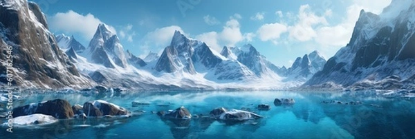 Obraz A glacier-carved fjord, with majestic icebergs floating serenely in crystal-clear waters, surrounded by towering mountains. Generative AI.