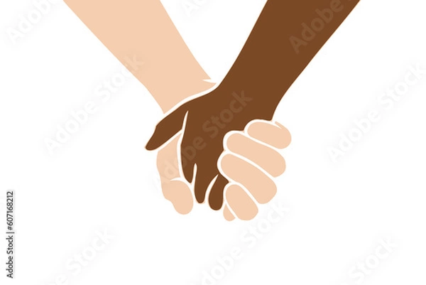 Fototapeta Two people are holding hands tightly on a white background. Concept of love, friendship, closeness and strong connection between people	