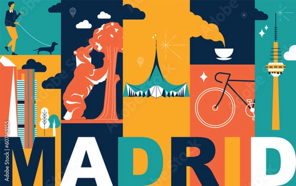 Obraz Madrid culture travel set, famous architectures and specialties in flat design. Business travel and tourism concept clipart. Image for presentation, banner, website, advert, flyer, roadmap, icons
