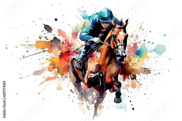 Obraz Abstract racing horse with jockey from splash of watercolors. Equestrian sport. Vector graphic