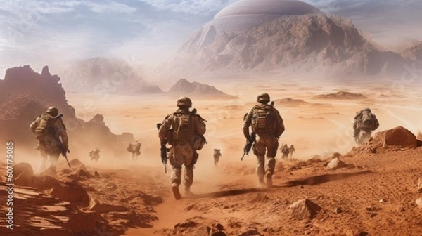 Fototapeta Squad of soldiers conducting a desert patrol, navigating vast sand dunes, rugged terrain, and harsh weather conditions in a hostile environment