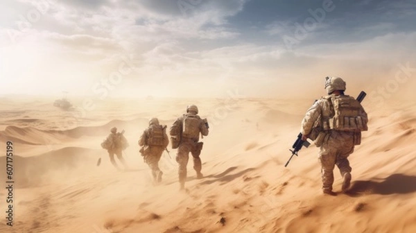 Fototapeta Squad of soldiers conducting a desert patrol, navigating vast sand dunes, rugged terrain, and harsh weather conditions in a hostile environment