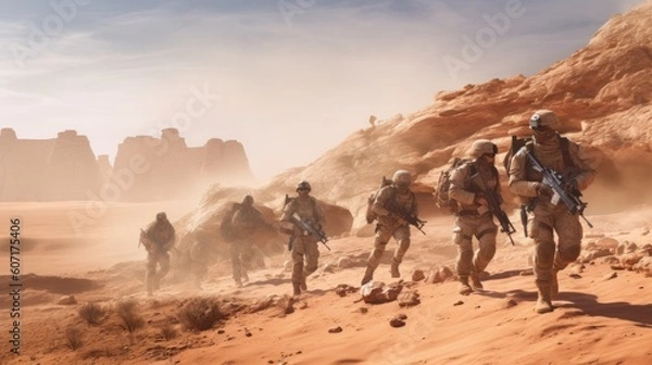 Fototapeta Squad of soldiers conducting a desert patrol, navigating vast sand dunes, rugged terrain, and harsh weather conditions in a hostile environment