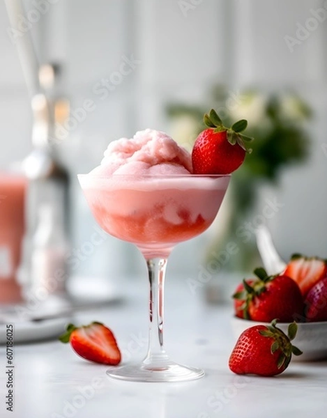 Fototapeta Refreshing summer drink with strawberry slices in glasses, AI generated
