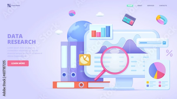 Fototapeta Data research, information search, entry and collecting, data analysis, big data, report. 3d design concept for landing page. Three dimensional vector illustration for website, print, banner