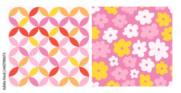 Fototapeta Groovy summer retro pattern set floral, retro. 