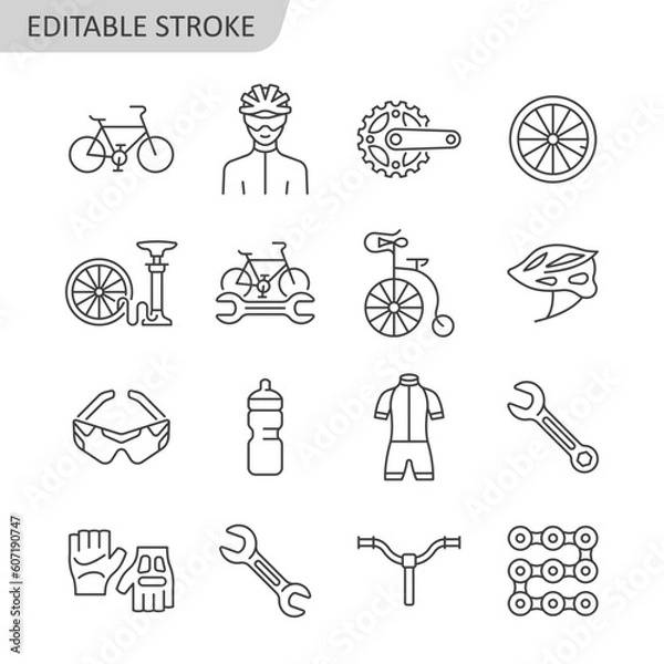 Fototapeta Bicycle line icon set. Bike outline symbol collection with bicyclist, wheel, bicycle pump, helmet, glasses, handlebar, wrench. Vector illustration of repair service. Editable stroke.