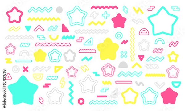 Fototapeta 星と波線と図形を組み合わせた幾何学的な模様のイラストセット/ベクター/デザイン/要素/あしらい/カラフル