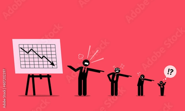 Obraz Corporate boss and worker blaming one another down the hierarchy for poor business financial performance. Vector illustration concept depicts blame, irresponsible, pointing finger, and company abuse.
