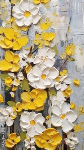 Fototapeta Beautiful textured oil painting of fresh blooming yellow and white flowers

Made with the highest quality generative AI tools