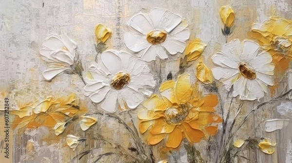 Fototapeta Beautiful textured oil painting of fresh blooming yellow and white flowers

Made with the highest quality generative AI tools