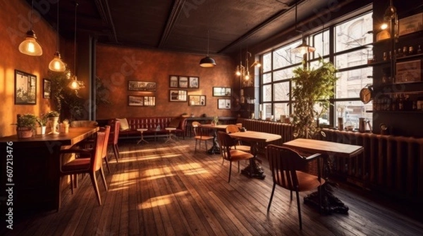 Fototapeta Cozy and intimate restaurant with rustic wooden furniture and warm lighting. Generative AI