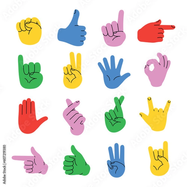 Fototapeta Set of different gestures hand with hand drawn vector doodle illustration