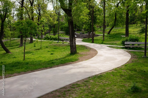 Obraz Winding walking concrete path in a summer park.
