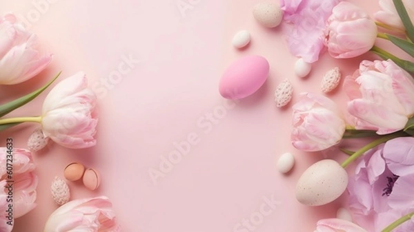 Obraz Beautiful pink tulips and zen stones with copy space Generative AI