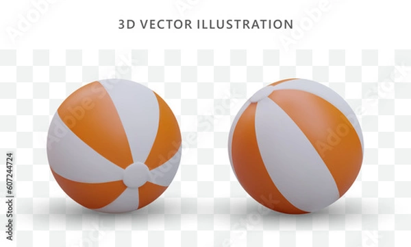 Obraz Set of 3d render realistic beach ball in different positions. Colored symbols of toys for selling company. Cartoon vector illustration in orange and white colors