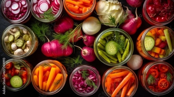 Obraz Composition with jars of pickled vegetables Generative AI