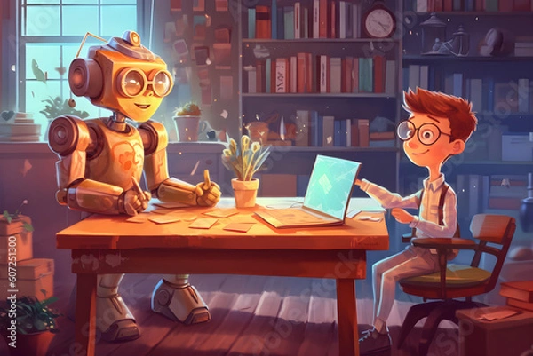 Fototapeta AI chatbot robot teaching student showing artificial intelligence in education concept. Generative AI