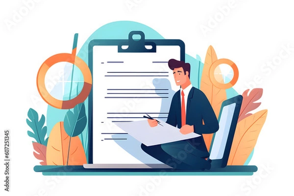 Fototapeta Filling Online Survey form with quick checklist questionnaire, businessman checking laptop performance and efficiency. Generative AI