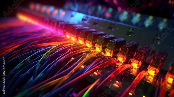 Fototapeta Multicolored electric cables and led, optical fiber background for technology image and new business trends, AI generated